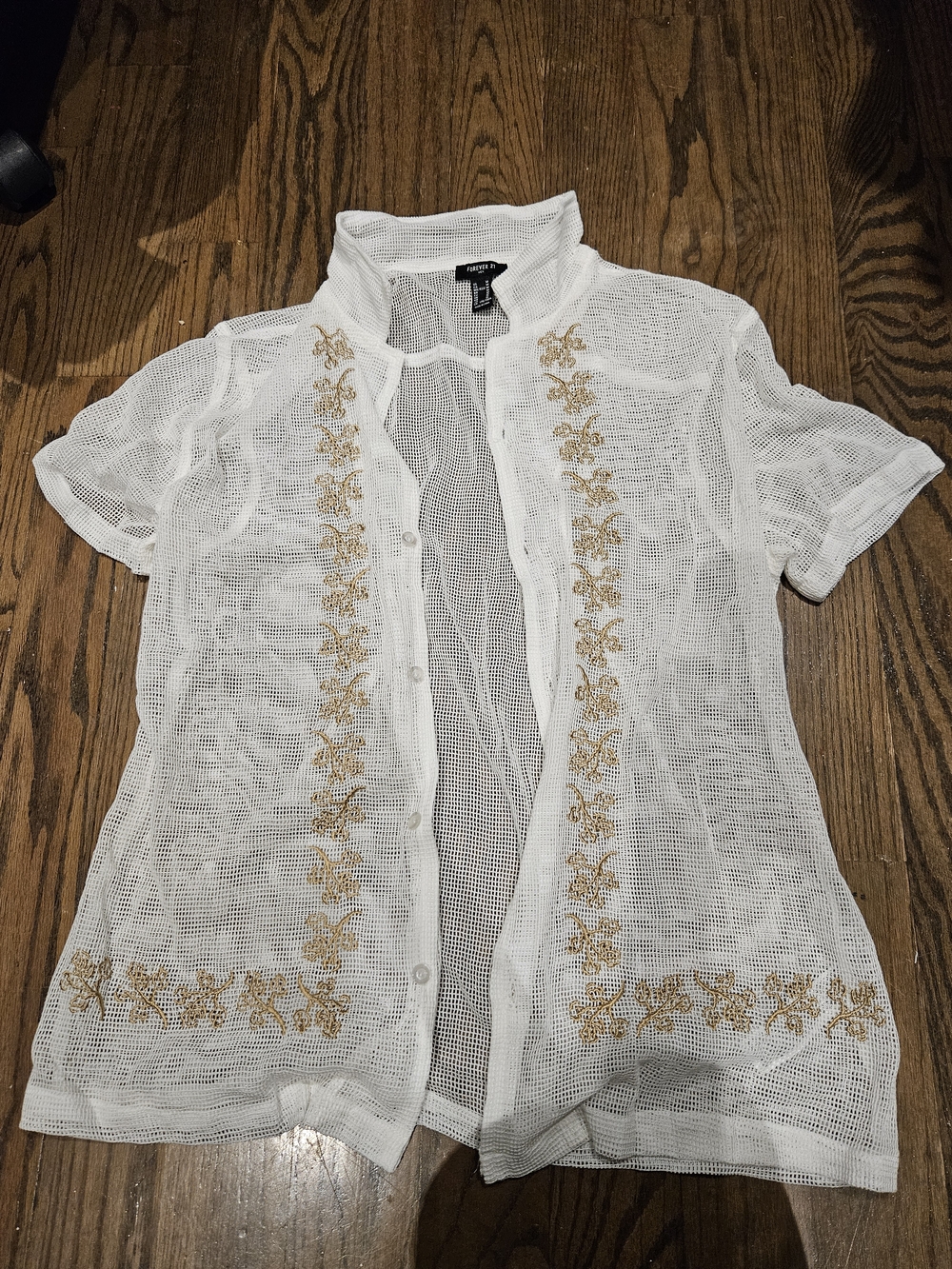 Forever 21 White Mesh Short Sleeve Button-Up with Gold Embroidery